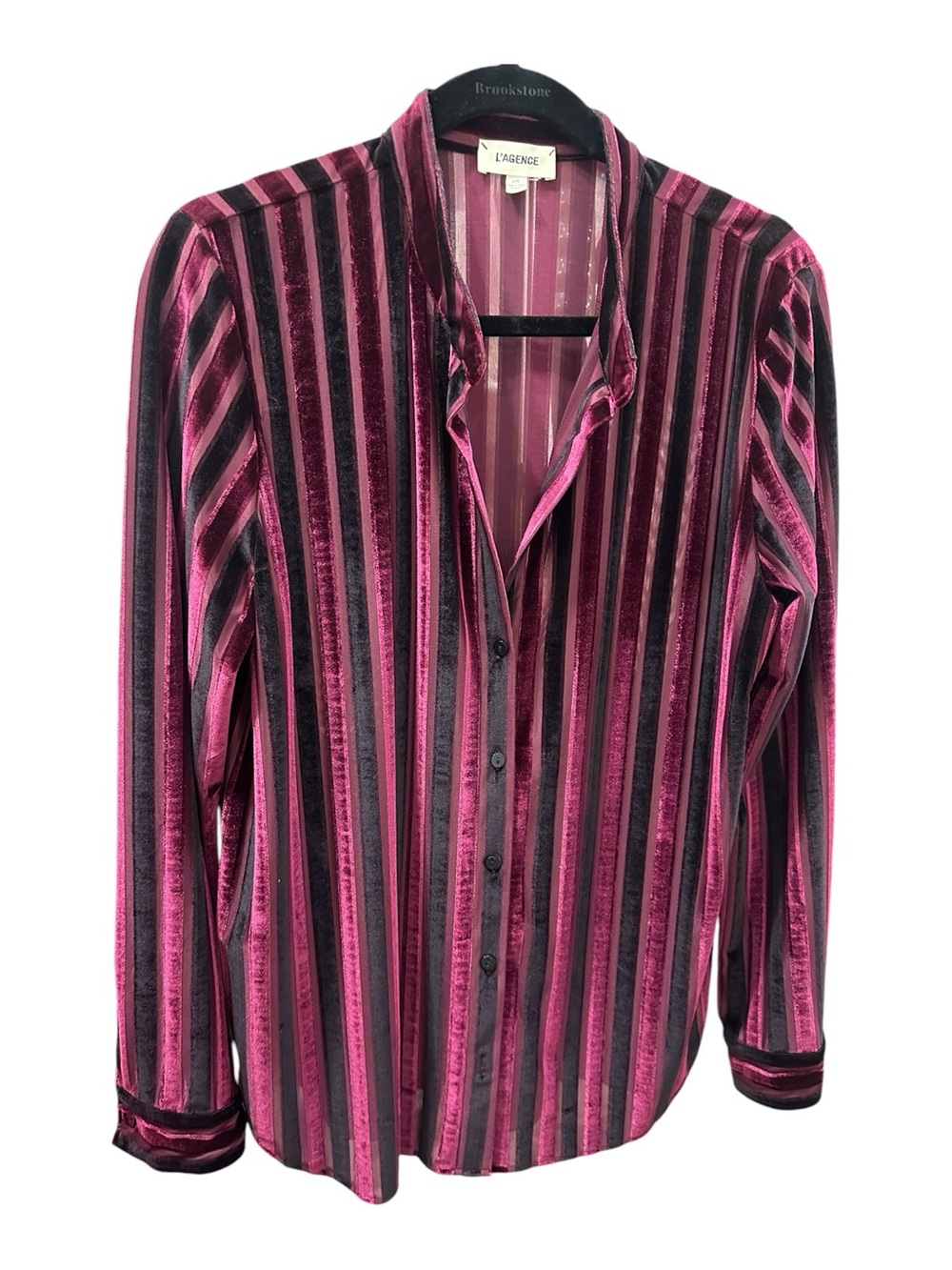L'AGENCE Fuchsia and Black Velvet Striped Button-Front Shirt